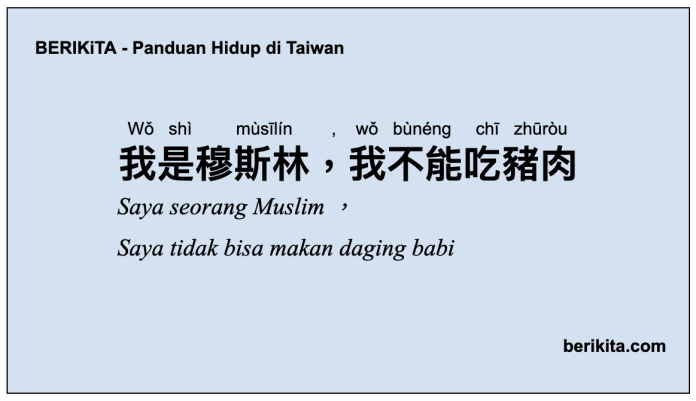 Saya seorang Muslim, Saya tidak bisa makan daging babi. 我是穆斯林，我不能吃豬肉